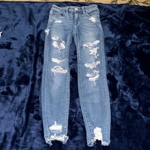 American Eagle Blue Skinny Jeans with Distressed Details